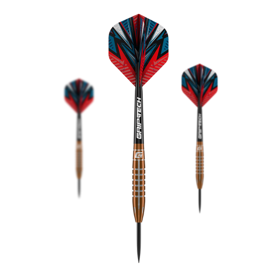 Fléchettes GOAT Quarterback V2 en acier tungstène - 24 g Das Bild zeigt drei GOAT Quarterback V2 Tungsten Steeldarts mit einem Gewicht von 24g. Die Darts haben ein auffälliges, rot-blaues Design und sind mit GRIP-TECH-Schäften ausgestattet.