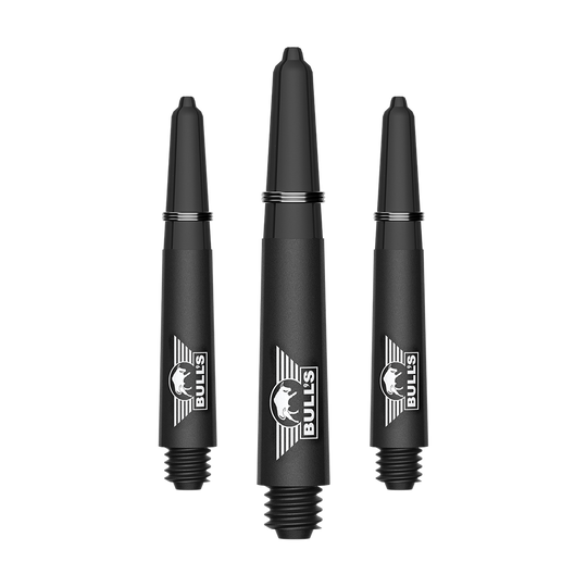 Tiges en carbone Bulls NL Capo - Noires Ein Bild mit dem Dateinamen BU55340_BullsNL_Capo_Carbon_Shafts_Schwarz_Short_34mm_1Set. Es handelt sich vermutlich um ein Set aus kurzen schwarzen Carbon-Shafts für Darts.