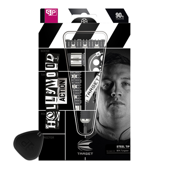 Target Chris Dobey Hollywood Action Swiss Point Steeldarts Die Abbildung zeigt die Verpackung der "Target Chris Dobey Hollywood Action Swiss Point Steeldarts". Auf der Verpackung sind die Darts, der Produktname und ein Porträt einer Person zu sehen.