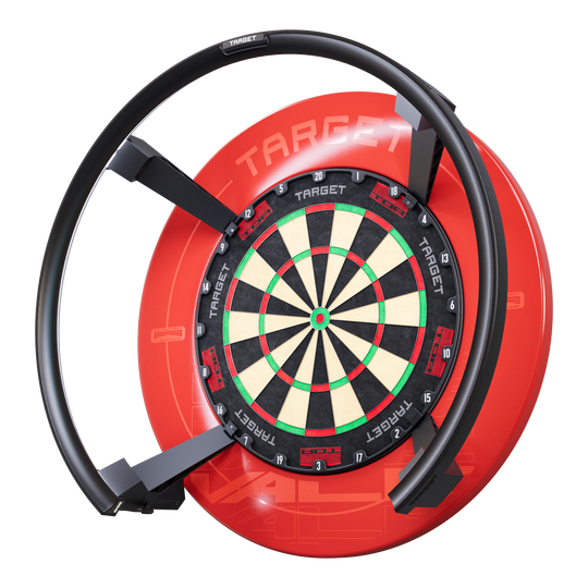 Système de notation automatique Target OMNI Das Bild zeigt das Produkt "Target OMNI Auto-Scoring-System", ein modernes Dartboard mit automatischer Punkteerfassung. Das Dartboard ist von einem markanten roten Gehäuse und einem schwarzen Ring umgeben.