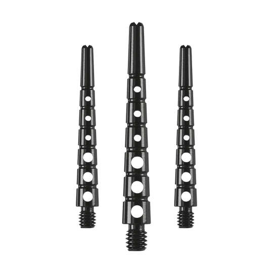901941_Harrows_Graflite_Shafts_Schwarz_1 Auf dem Bild sind drei Harrows Graflite Shafts mit einer Länge von 41 mm zu sehen. Die schwarzen Schäfte haben mehrere runde Aussparungen entlang ihrer Länge.
