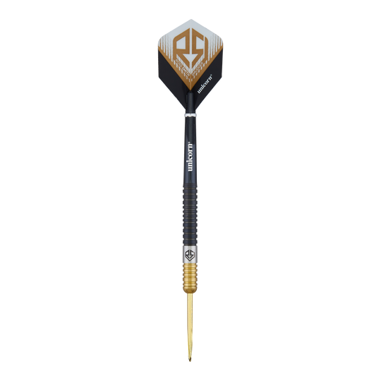 Fléchettes en acier bicolore Unicorn Ross Smith Das Bild zeigt einen Steeldart namens "Unicorn Ross Smith Two-Tone". Der Dartpfeil hat ein schwarz-goldenes Design und das Unicorn-Logo auf den Flights.
