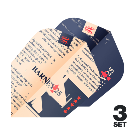 Target ProUltra Raymond Van Barneveld Barney25 Vols Ten-X Das Bild zeigt drei Dart-Flights mit dem Aufdruck "BARNEY25" und einem speziellen Design. Unten rechts steht "3 Set" als Hinweis auf die Anzahl der Sets.