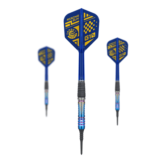 Auf dem Foto ist das Set Target Japan Rising Sun GEN10 Softdarts - 21,5g zu sehen. Das Set enthält mehrere hochwertige Dartpfeile.