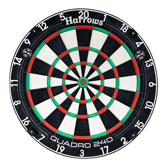 Cible de fléchettes en acier Harrows Quadro 240 Das Bild zeigt ein Harrows Quadro 240 Steeldartboard. Die Dartscheibe hat farbige Segmente in Schwarz, Weiß, Rot und Grün.