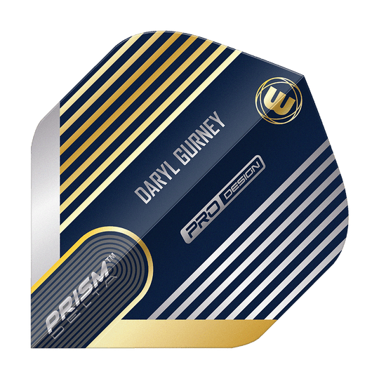 Winmau Prism Delta Daryl Gurney No2 Vols Standard Das Bild zeigt ein Winmau Prism Delta Daryl Gurney No2 Standard Dart Flight. Das Design ist überwiegend dunkelblau mit silbernen und goldenen Streifen und enthält den Namen "Daryl Gurney".