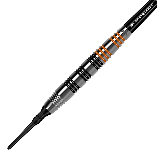 Fléchettes souples en laiton Mission Javan - 18 g Das Bild zeigt den "Mission Javan Brass Softdart" mit einem Gewicht von 18g. Der Dartpfeil ist silbern mit schwarzen und orangefarbenen Ringen am Griff.
