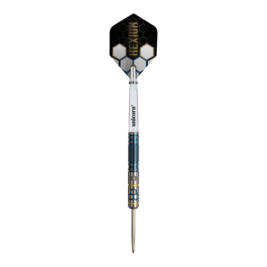 Fléchettes en acier Unicorn Hexium Style 02 bleues et dorées Abgebildet sind die Unicorn Hexium Style 02 Blue & Gold Steeldarts. Die Farbkombination aus Blau und Gold ist auffällig.