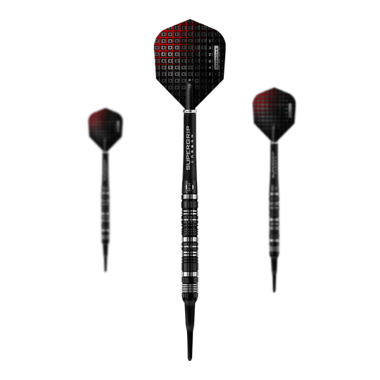 Fléchettes souples Harrows Magnum Reloaded Das Bild zeigt drei Harrows Magnum Reloaded Softdarts. Die Darts sind schwarz mit roten Akzenten und haben einen modernen, sportlichen Look.