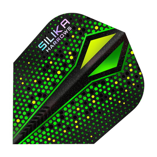 Harrows Silika Colorshift Revêtement cristallin résistant Green-X No6 Flights Das Bild zeigt ein Dart Flight mit dem Namen „Harrows Silika Colourshift Tough Crystalline Coating Green-X No6“. Es hat ein auffälliges Design mit grünen und gelben Hexagon-Mustern auf schwarzem Hintergrund.