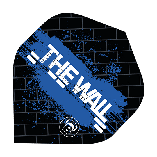 Bulls B-Star Martin Schindler Noir Bleu N°2 Vols Standard Das Bild zeigt ein Dartflight im schwarzen und blauen Design mit der Aufschrift "THE WALL". Im Hintergrund ist ein Ziegelmuster zu sehen, und unten befindet sich ein rundes Logo mit einem "B".