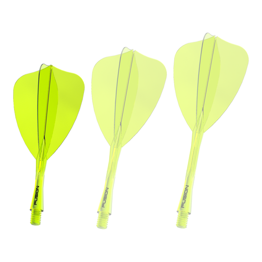 Système de vol Winmau Fusion Arrow Jaune fluo Das Bild zeigt ein Dartshaft- und Flight-System in Neongelb mit einer Länge von 22 mm. Es handelt sich um das 'Fusion Flight Shaft System Arrow' von Winmau.