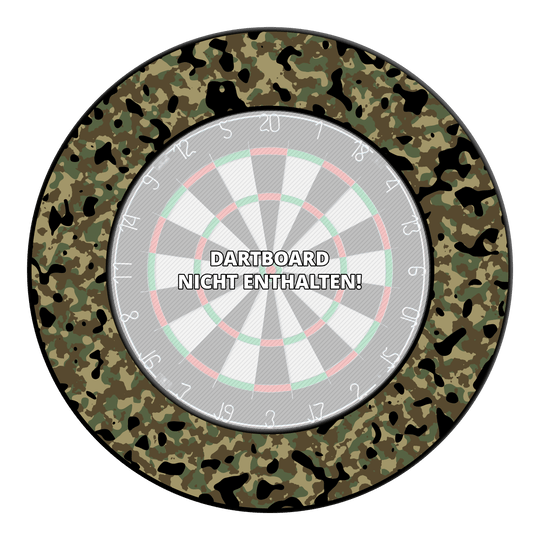 Cadre de cible de fléchettes camouflage McDart Gezeigt wird das Produkt 'DBS-CAMO1_McDart_Camo_Dartboard_Surround_Woodland_1'. Es dürfte sich um eine Dartboard-Umrandung im Camouflage-Design handeln.