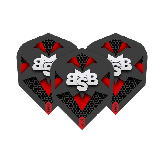 Shot Michael Smith Tenacious No6 Flights Das Bild zeigt drei Dart-Flights mit dem Aufdruck „BSB“ und einem modernen, schwarzen und roten Design. Am unteren Rand der Flights steht das Wort „SHOT“.