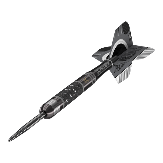 Fléchettes en acier Target Dimitri Van Den Bergh X Echo Swiss Point Das Bild zeigt einen Target Dimitri Van Den Bergh X Echo Swiss Point Steeldart. Der Dartpfeil ist schwarz-silber und hat detaillierte Ringe und Schriftzüge auf dem Schaft und den Flights.