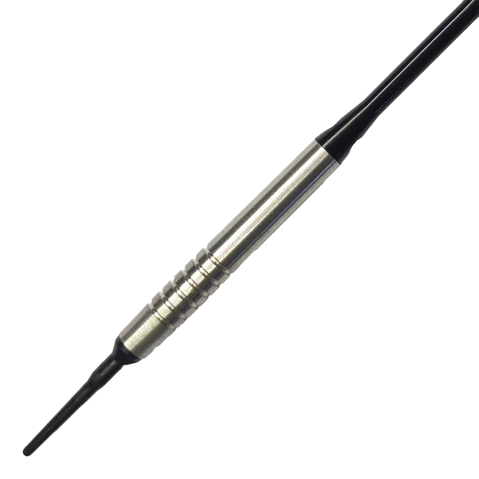 Fléchettes souples McDart 85 Tungstène V14 - 17 g Auf dem Bild ist ein McDart 85er Tungsten V14 Softdart mit einem Gewicht von 17 Gramm zu sehen. Der Dartpfeil hat einen silbernen, gerillten Schaft und schwarze Spitzen.