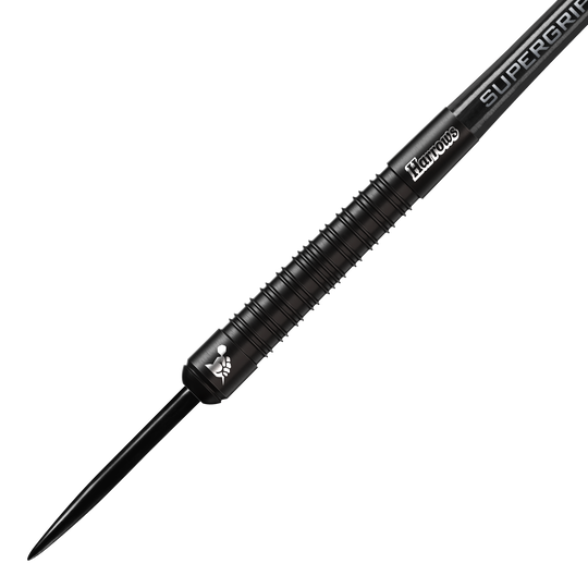 Fléchettes en acier Harrows Supergrip Black Edition Das Bild zeigt einen schwarzen Steeldart der Marke Harrows aus der Supergrip Black-Edition. Der Dart hat ein geriffeltes Griffstück und ein elegantes, komplett schwarzes Design.