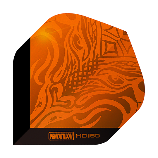 Volets standard Pentathlon HD150 orange métallisé Das Bild zeigt ein Pentathlon HD150 Metallic Orange Standard Flight. Das Design ist orange mit metallischem Glanz und auffälligen Mustern.