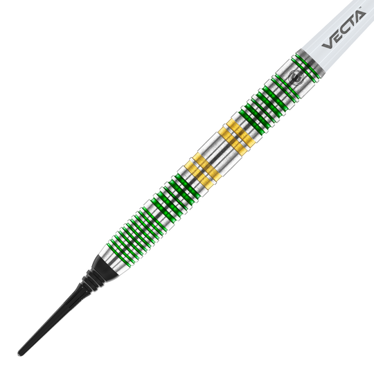Fléchettes souples Winmau Xenon - 20 g Das Bild zeigt einen Winmau Xenon Softdart mit einem Gewicht von 20 Gramm. Der Dartpfeil hat silberne, grüne und goldene Ringe und eine schwarze Spitze.