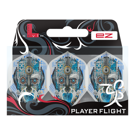 Vols L-Style Berry Van Peer V3 Blanc Transparent L1EZ Das Bild zeigt eine Verpackung mit drei weißen Dart-Flights namens "L-Style Berry Van Peer V3 Clear White L1EZ". Die Flights haben ein futuristisches Design mit einem Roboter-Gesicht auf jedem Flight.