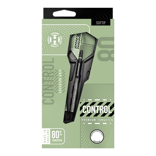 Fléchettes souples parallèles Harrows Control Das Bild zeigt die Verpackung der "Harrows Control Parallel Softdarts" mit dem Dartpfeil gut sichtbar. Auf der Verpackung steht, dass der Dart aus 80% Tungsten besteht und für einen überlegenen Griff sorgt.