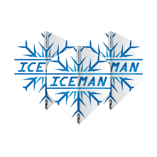 TF6421_RedDragon_Hardcore_Gerwyn_Price_Iceman_Standard_Flights_1 Das Bild zeigt drei Dartflights mit dem Aufdruck "ICEMAN" in blauer Schrift auf weißem Hintergrund. Im Hintergrund sind blaue Eiskristall-Muster zu sehen, und oben steht "HARDCORE".