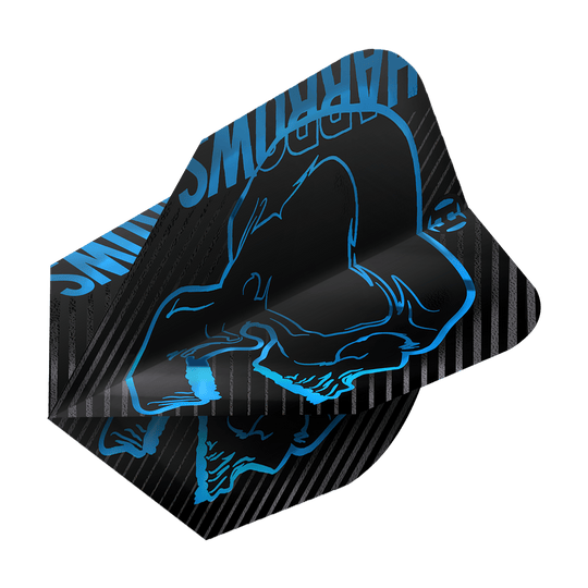 Harrows Rage Aqua No. 6 Vols Das Bild zeigt ein Dart-Flight des Modells "Harrows Rage Aqua No6". Das Flight ist schwarz mit einem blauen Motiv und Schriftzug gestaltet.