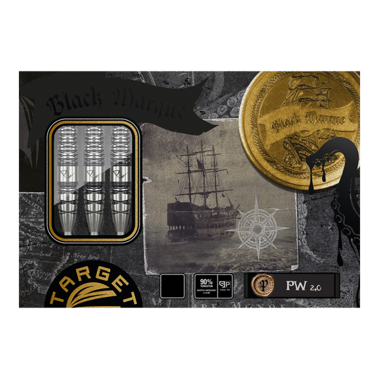 Fléchettes en acier Target Japan Black Marque PW 2 SP Das Bild zeigt die Verpackung der "Target Japan Black Marque PW 2 SP Steeldarts". Auf der Verpackung sind drei Darts, ein Schiff und ein goldener Münz-Print abgebildet.
