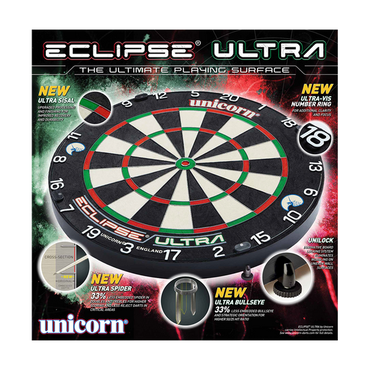Cible de fléchettes en acier Unicorn Eclipse Ultra Das Bild zeigt das Produkt "Unicorn Eclipse Ultra Steeldartboard" in seiner Verpackung. Es hebt neue Features wie Ultra Sisal, Ultra Spider und Ultra Bullseye hervor.