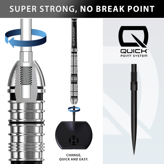 Fléchettes en acier Harrows Supergrip à pointe rapide conique Gezeigt werden die Harrows Supergrip QP Tapered Quick Point Steeldarts. Sie sind besonders für ambitionierte Spieler geeignet.