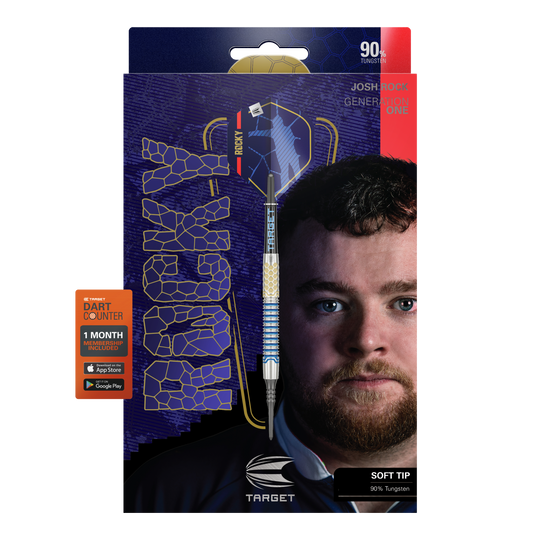 Fléchettes souples Target Josh Rock GEN1 - 20 g Die Abbildung zeigt die Softdarts "Target Josh Rock GEN1" mit einem Gewicht von 20g. Auf der Verpackung ist ein Porträt eines Mannes sowie die Angabe "90% Tungsten" und "SOFT TIP" zu sehen.