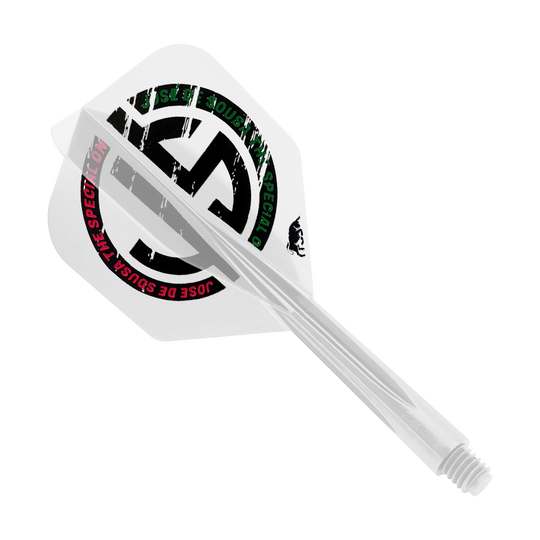 Condor AX Jose De Souza Special One Inspiration Flight System - Transparent - Petit Dies ist ein klarer Dart-Flight mit dem Aufdruck "JOSE DE SOUZA THE SPECIAL ONE". Das Produkt ist das "Condor AXE Jose De Souza Special One Inspiration Flight-System" in der Größe Small.