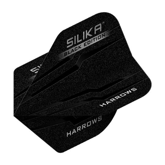 Volets standard Harrows Silika Black Edition No2 Das Bild zeigt die Harrows Silika Black-Edition No2 Standard Flights. Die Flights sind schwarz mit silbernen Akzenten und dem Aufdruck "Harrows" sowie "Silika Black Edition".