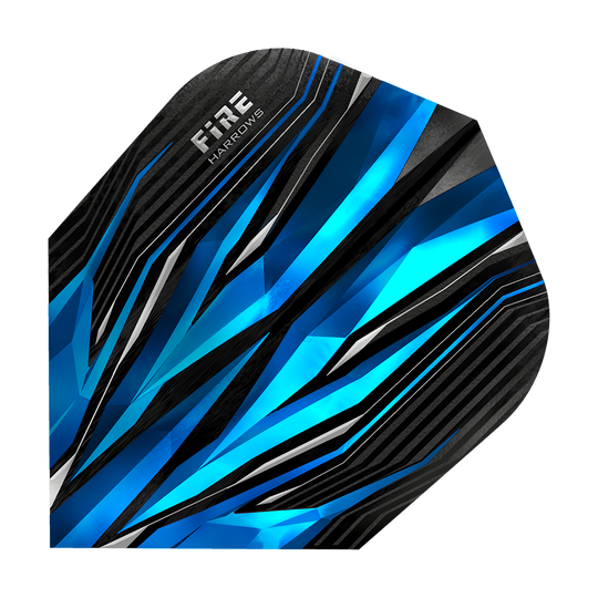 HR4_Harrows_Fire_Blue_Standard_Flights_1miIk3bTtHxhto Dies ist ein Harrows Fire Blue Standard Flight mit einem auffälligen, blauen und schwarzen Design. Die Oberfläche zeigt dynamische, geometrische Muster und den Schriftzug "FIRE HARROWS".