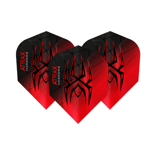 Vols Atrax Prime No6 de Harrow Das Bild zeigt drei Harrows Atrax Prime No6 Flights in Schwarz und Rot mit einem markanten Spinnennetz-Design. Auf jedem Flight steht der Name "Atrax Harrows" an der Seite.