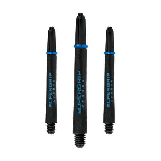 Das Bild zeigt drei Harrows Supergrip Carbon Shafts in der Farbe Aqua. Die Dartschäfte sind schwarz mit blauen Akzenten und der Aufschrift "SUPERGRIP CARBON".