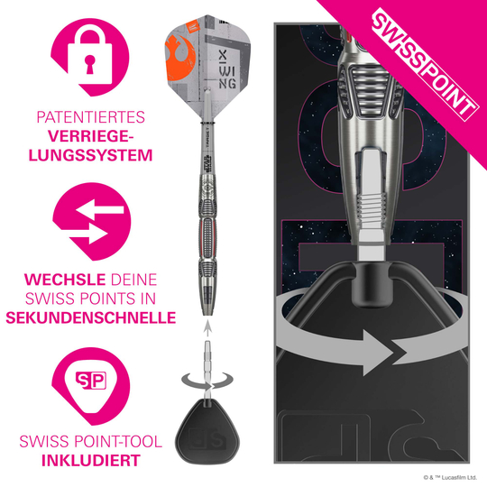 Fléchettes en acier Target Star Wars X-Wing Swiss Point Target Star Wars X-Wing Swiss Point Steeldarts sind abgebildet. Das Produkt ist inspiriert von Star Wars und in einem speziellen Design gestaltet.