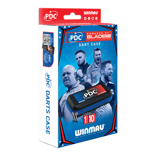 Étui à fléchettes Winmau PDC Die Abbildung zeigt die Verpackung des Winmau PDC Dartcase. Auf der Box sind Bilder von Dartspielern sowie das Etui und die Markenlogos zu sehen.