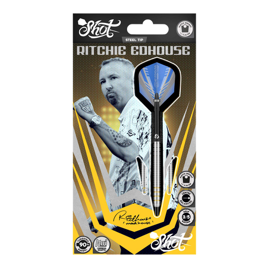 Fléchettes en acier à noyau Ritchie Edhouse Das Bild zeigt die Shot Ritchie Edhouse Core Steeldarts aus einer anderen Perspektive. Die Darts sind präzise verarbeitet und ideal für Profis.