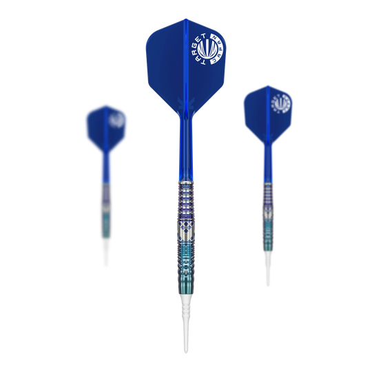 Fléchettes souples Target Japan Cathy Leung Charis GEN5 - 19 g Das Bild zeigt drei blaue Softdarts aus der Serie "Target Japan Cathy Leung Charis GEN5 - 19g". Die Spitzen sind weiß, und die Flights tragen das Target-Logo.