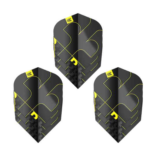 Vols Target ProUltra Bolide Void No6 Das Bild zeigt drei Target ProUltra Bolide Void No6 Flights. Die Flights sind schwarz mit gelben Akzenten und besitzen ein modernes, geometrisches Design.