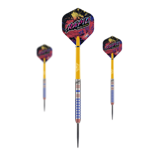 Fléchettes en acier Bulls NL Ricky Evans Rapid Edition One Das Bild zeigt drei Steeldarts des Modells "Bulls NL Ricky Evans Rapid Edition One". Die Darts haben bunte Flights mit dem Schriftzug "Rapid" und einen auffälligen gelb-blauen Schaft.