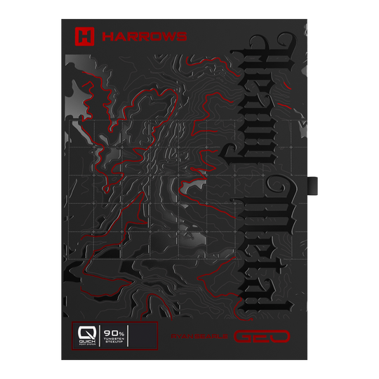 Harrows Ryan Searle Geo Quick Point Steeldarts Mehrere Steeldartpfeile mit identischem Design und festem Griffbereich sind abgebildet. Sie sind nebeneinander platziert.