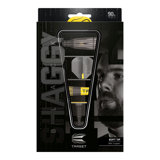 Fléchettes souples noires Target Scott Williams Shaggy - 20 g Das Bild zeigt die Verpackung der "Target Scott Williams Shaggy Black Softdarts - 20g". Die Darts bestehen zu 90% aus Wolfram und haben eine schwarze und gelbe Optik.