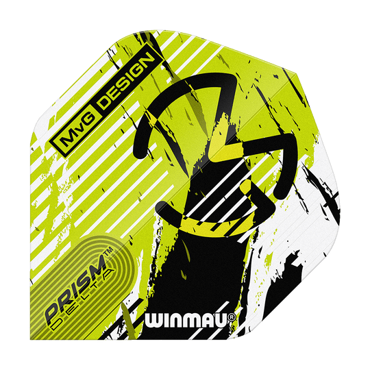 Das Bild zeigt ein Winmau Delta Michael Van Gerwen Prism 03 Standard Flight. Das Design ist in Gelb, Schwarz und Weiß gehalten und trägt die Aufschrift „MvG Design“ sowie „Prism Delta“.