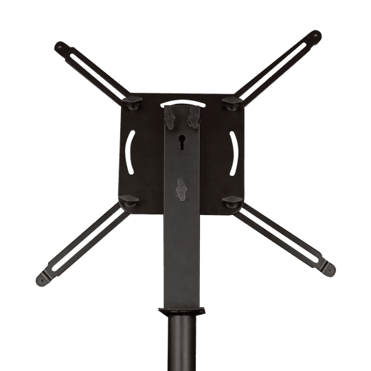 1702_McDart_Hybrid_2_Pro_Dartboardst-nder_5 Das Bild zeigt den McDart Hybrid Pro Tripod Dartboardständer. Der Dartboardständer ist schwarz und hat vier ausklappbare Halterungen.