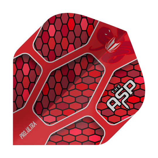 Das Bild zeigt ein Dartflight mit auffälligem roten Wabenmuster. Auf dem Flight stehen die Wörter „Pro Ultra“ und „The ASP“.