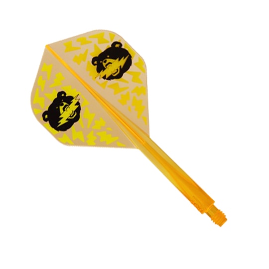 Hache Condor Black Bear Miyu Miyawaki Flight Shaft Orange Néon - Standard Das Bild zeigt einen Dartpfeil-Flug mit einer orangenen Neon-Schafthülse. Auf dem gelben Flight sind zwei Bärenköpfe und gelbe Zickzackmuster abgebildet.