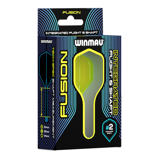 Système d'arbre de vol Winmau Fusion Standard Jaune Auf dem Bild ist eine Verpackung des Winmau Fusion Integrated Flight & Shaft Systems zu sehen. Die abgebildeten Flights und Shafts sind in Gelb und haben eine Länge von 22 mm.