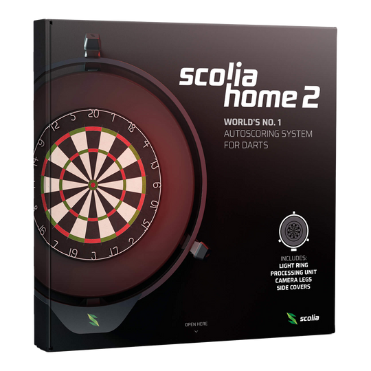 Système de notation électronique Scolia Home 2 avec anneau lumineux 2026 Auf dem Bild ist die Verpackung des Produkts "Scolia Home 2 Electronic Score System mit Beleuchtungsring" zu sehen. Es handelt sich um ein automatisches Zählsystem für Dartspiele mit Licht, Kamerabeinen und Abdeckungen.